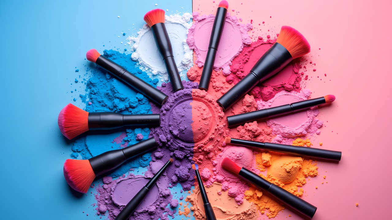 Vibrant makeup brushes in a colorful arrangement on a split background.