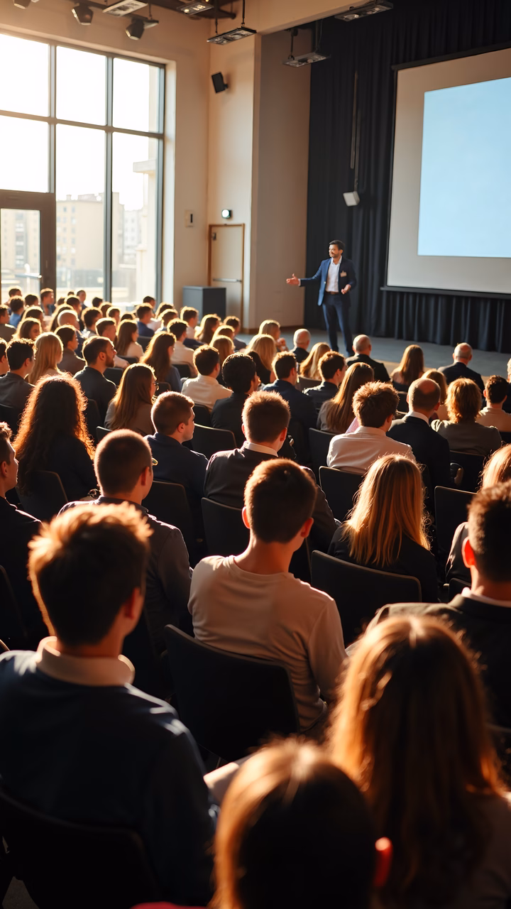 Large audience listens to a confident speaker in a well-lit conference room.