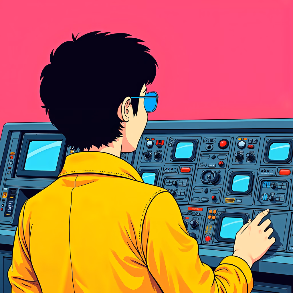 A character in a yellow jacket operating a high-tech control panel in a vibrant sci-fi setting.