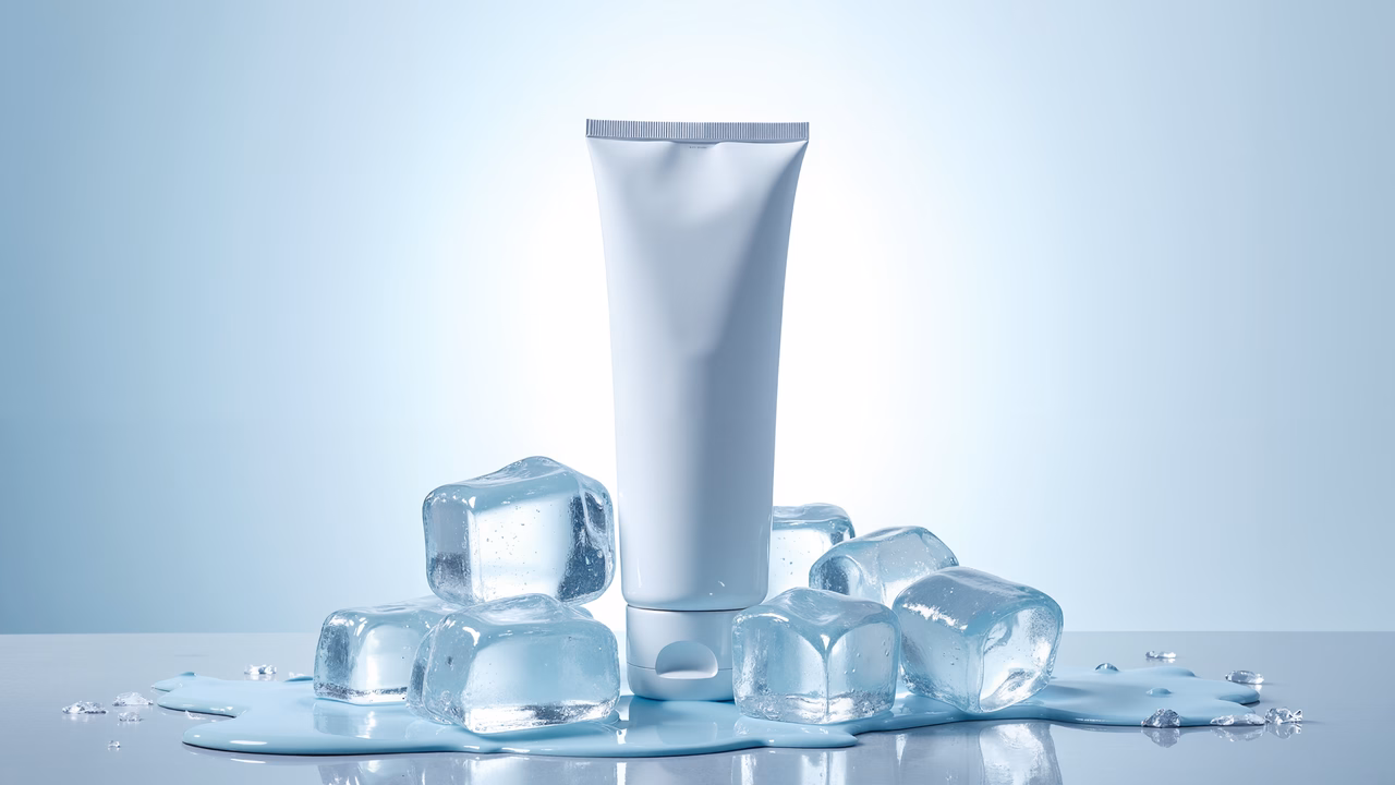 A refreshing tube of cooling cream surrounded by melting ice cubes on a cool blue background.
