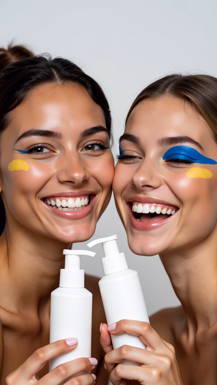 Playful makeup and joyous expressions in a beauty setting.