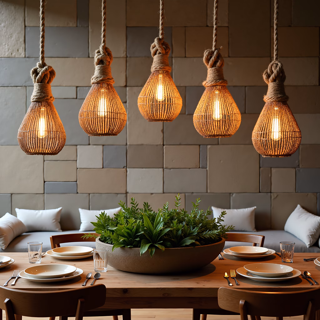Warm, rustic dining room with woven light fixtures and green plants.