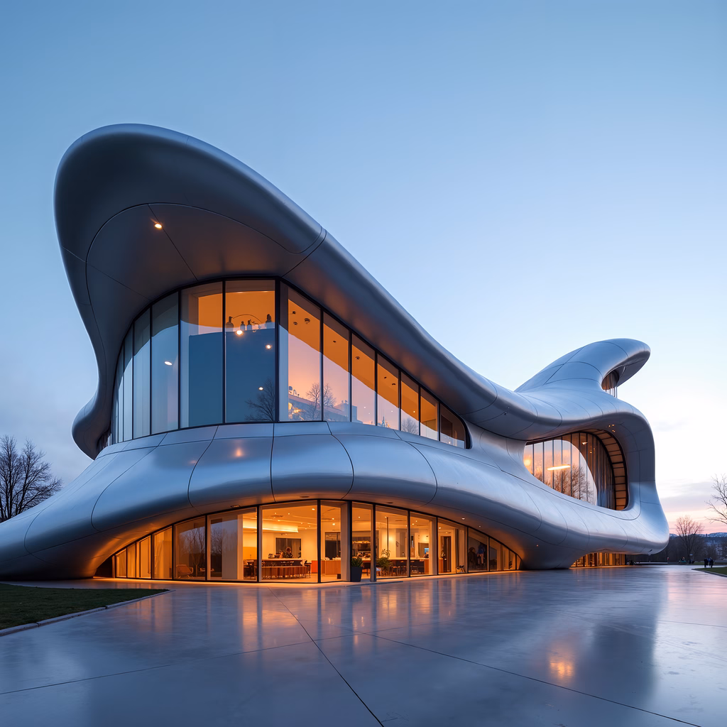 Modern, sleek, futuristic architecture with curved design and warm lighting at dusk.