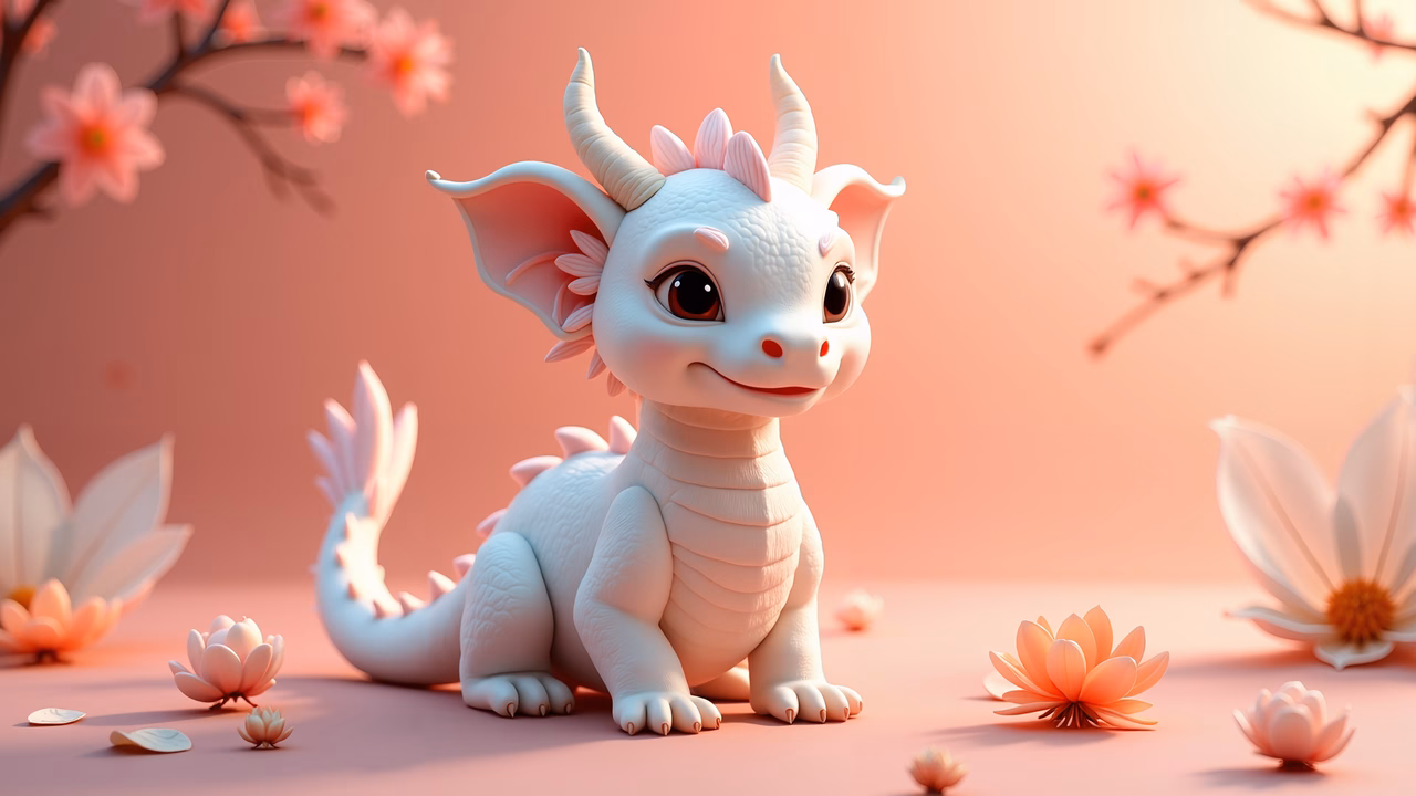 A cute dragon surrounded by pink flowers in a whimsical, pastel-colored illustration.
