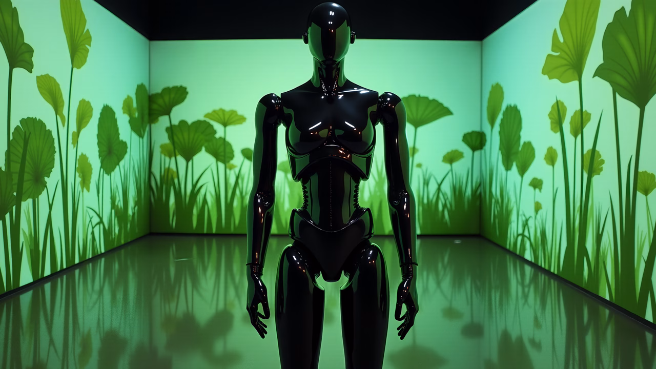 A cybernetic figure stands amidst a vivid green botanical setting, blending technology with nature.
