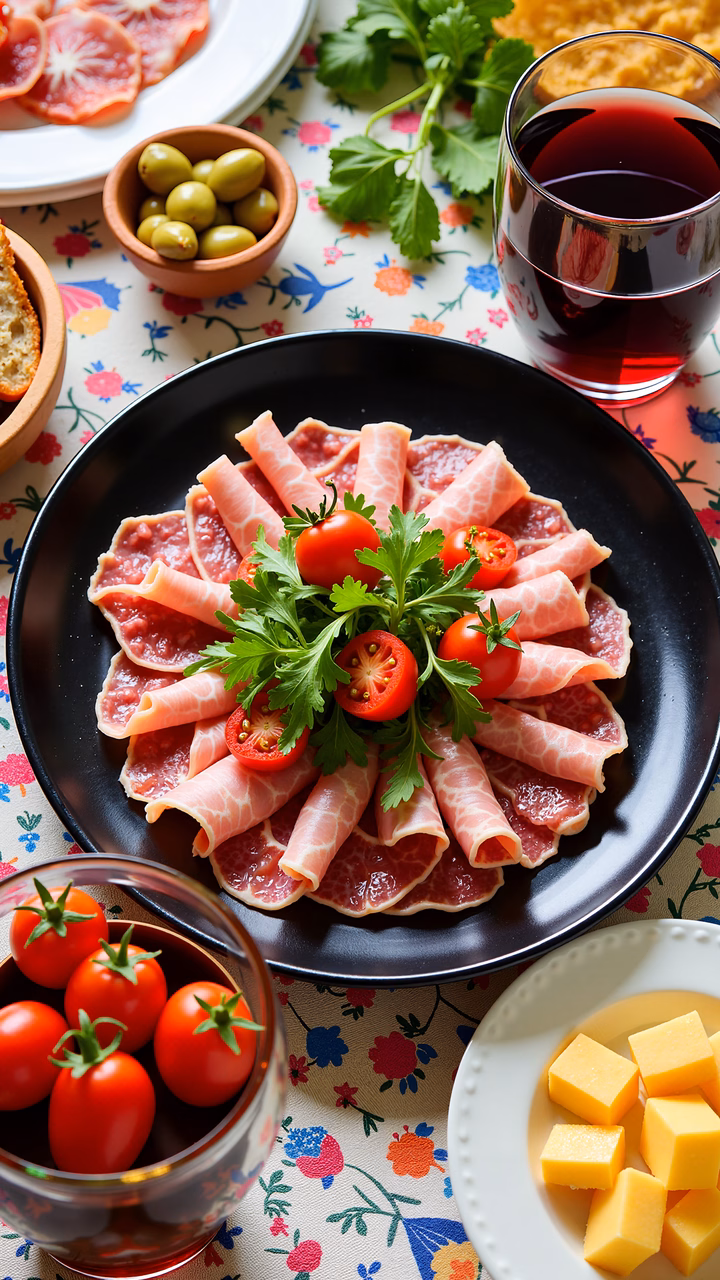 A charming charcuterie board with cured meats, cherry tomatoes, and garnished parsley on a floral tablecloth.