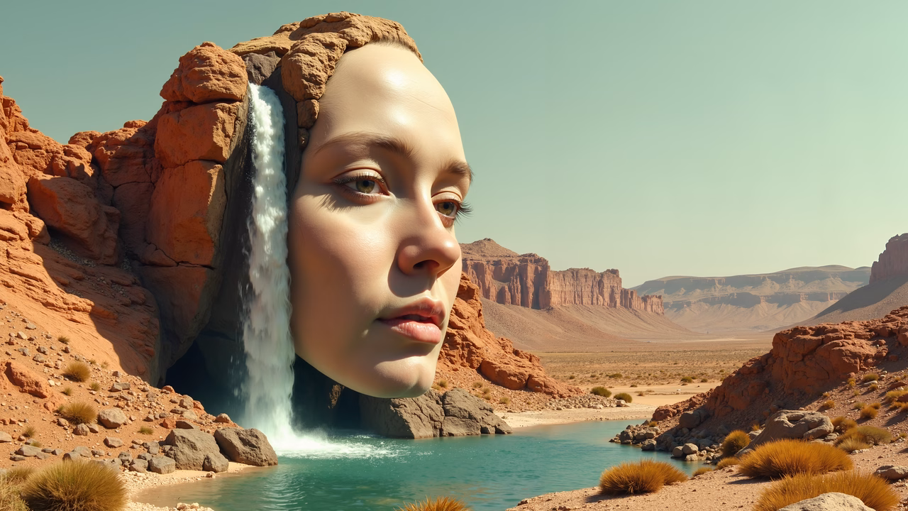 Surreal portrait of a human head emerging from a desert landscape with a waterfall cascading from it, blending natural and human elements.
