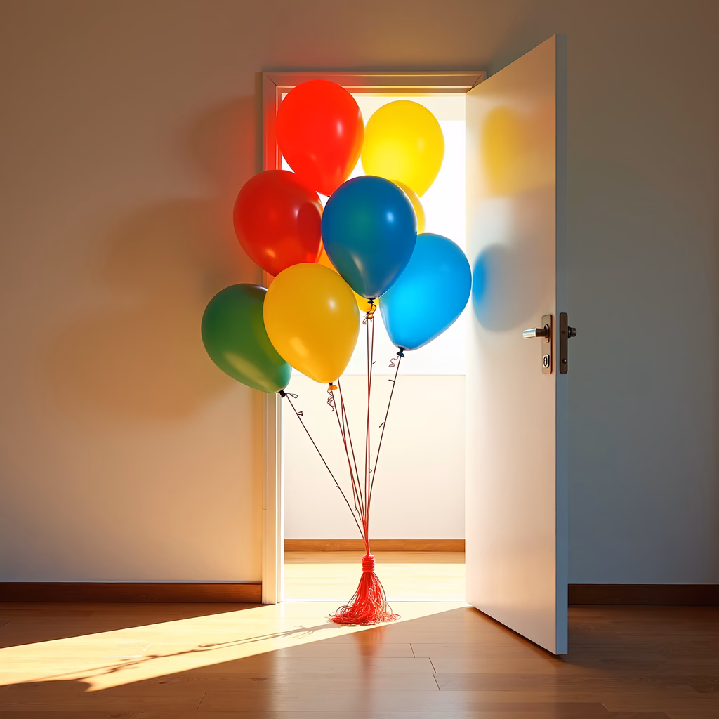 Colorful balloons floating through an open doorway, creating a festive and joyful atmosphere.