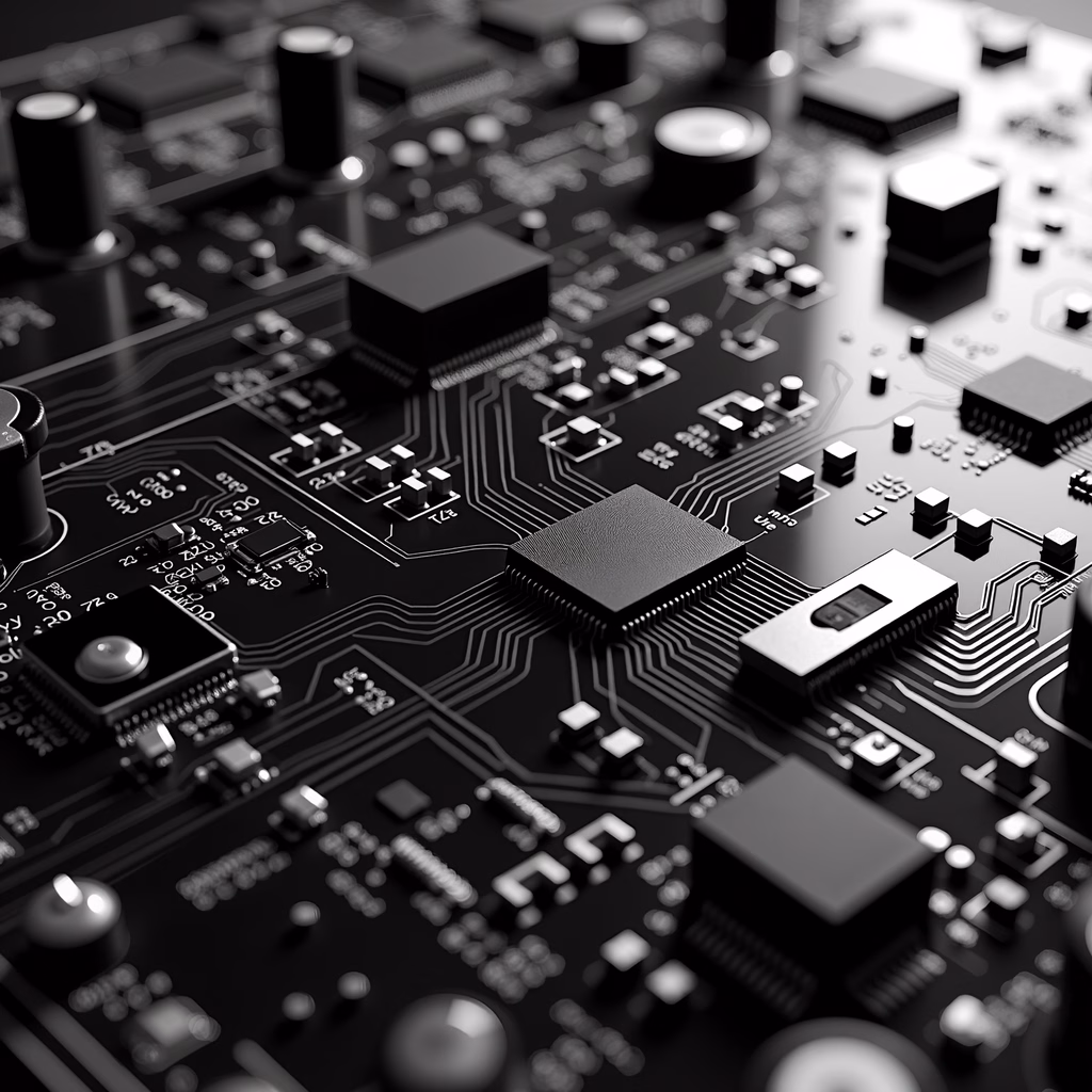 Monochrome illustration of a sophisticated electronic circuit board.