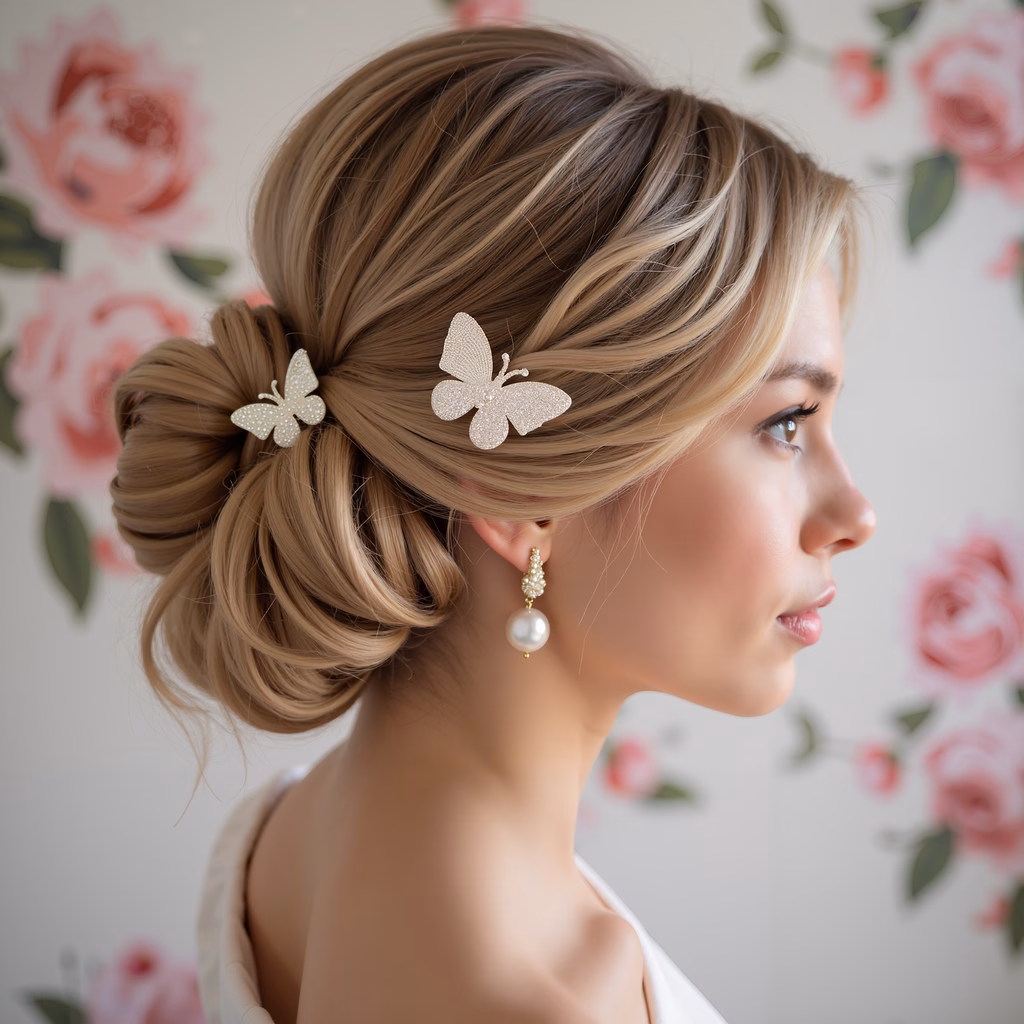 Elegant bride with butterfly hairpins, soft makeup, and pearl earrings against a floral backdrop.