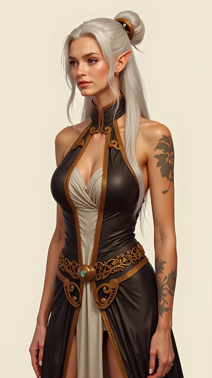 Elegant elven warrior with detailed attire and mystical tattoo.