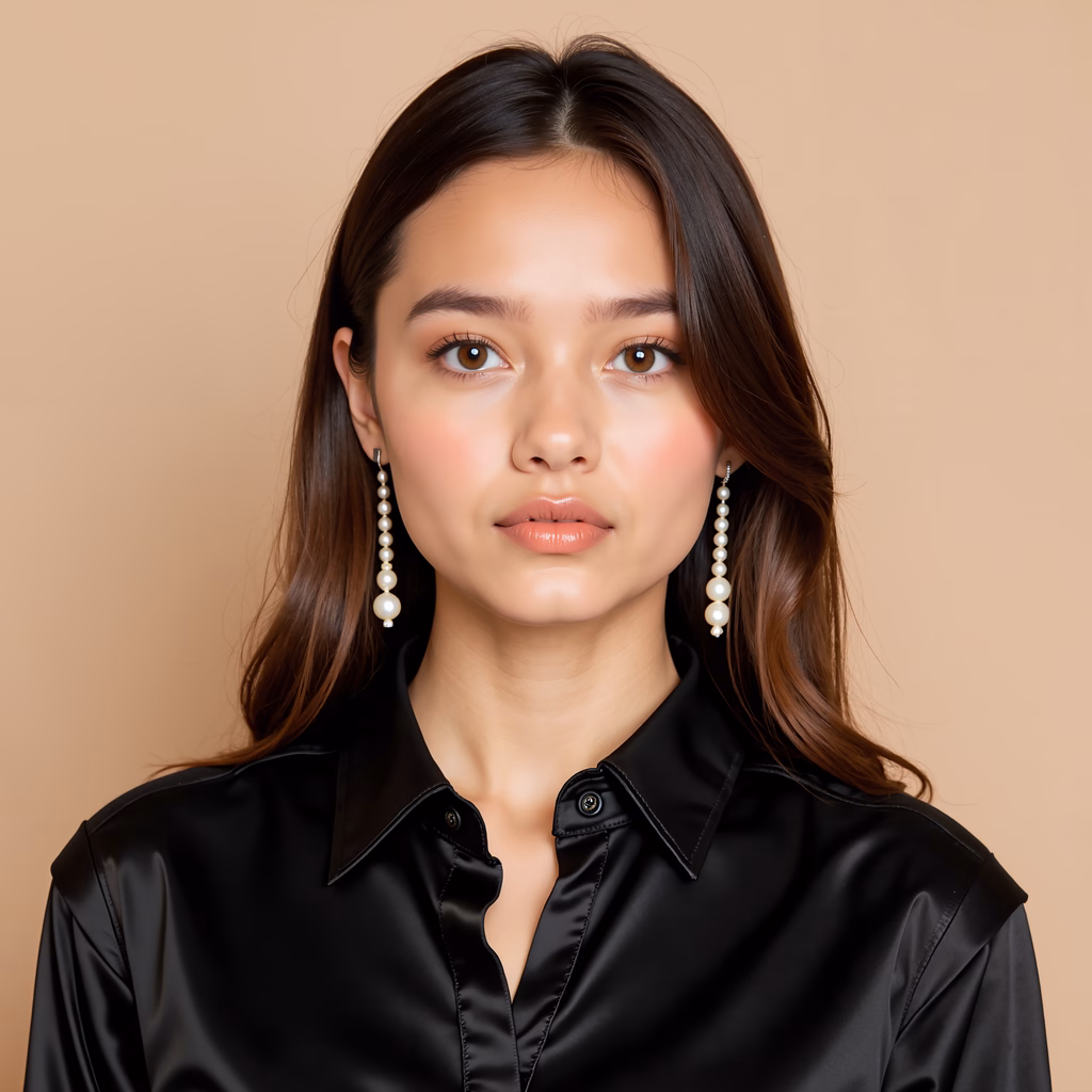 Close-up portrait of a woman in a black satin shirt and pearl earrings, exuding elegance and sophistication.