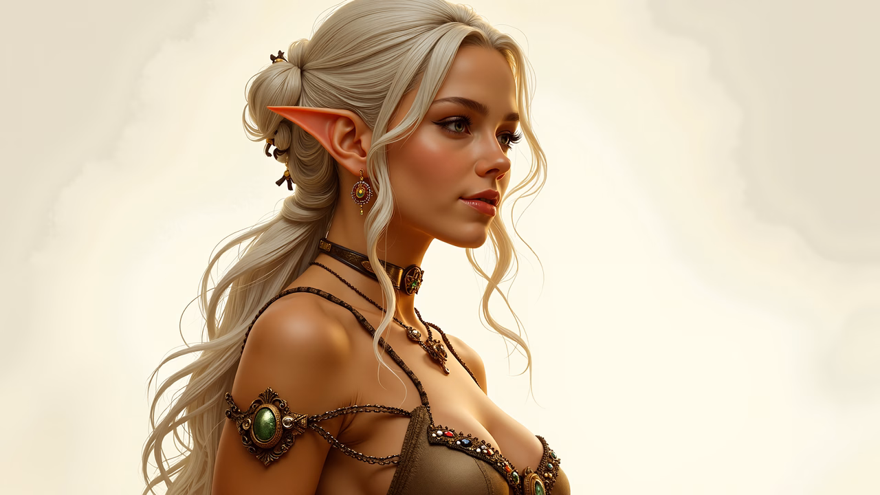 Elegant elf princess with intricate jewelry and flowing white hair.