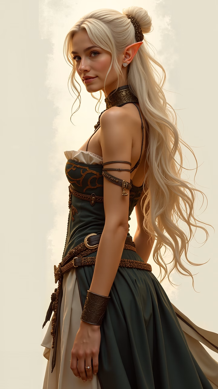 A powerful elven warrior with intricate attire and a mystical background.