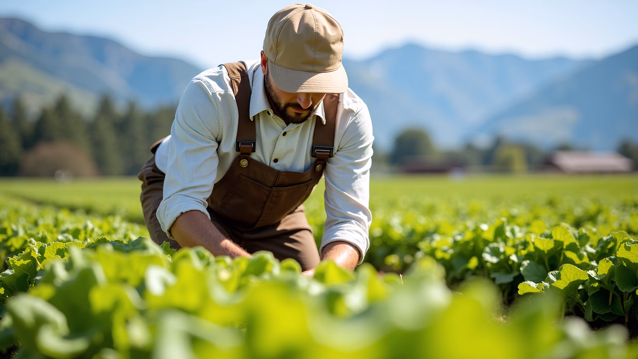 A farmer tending to crops in a picturesque rural landscape.