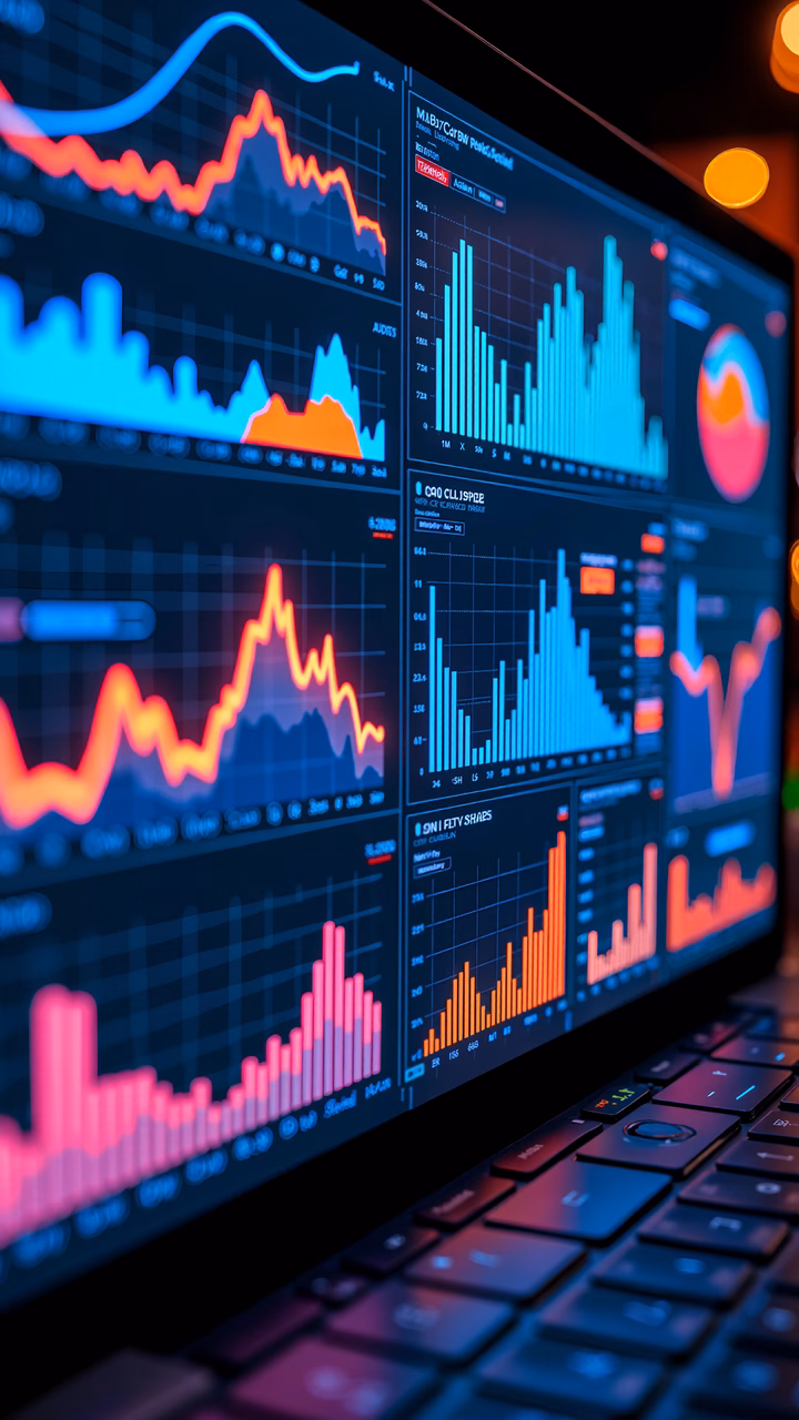 Detailed financial dashboard with complex charts and graphs, emphasizing market trends and strategic planning.