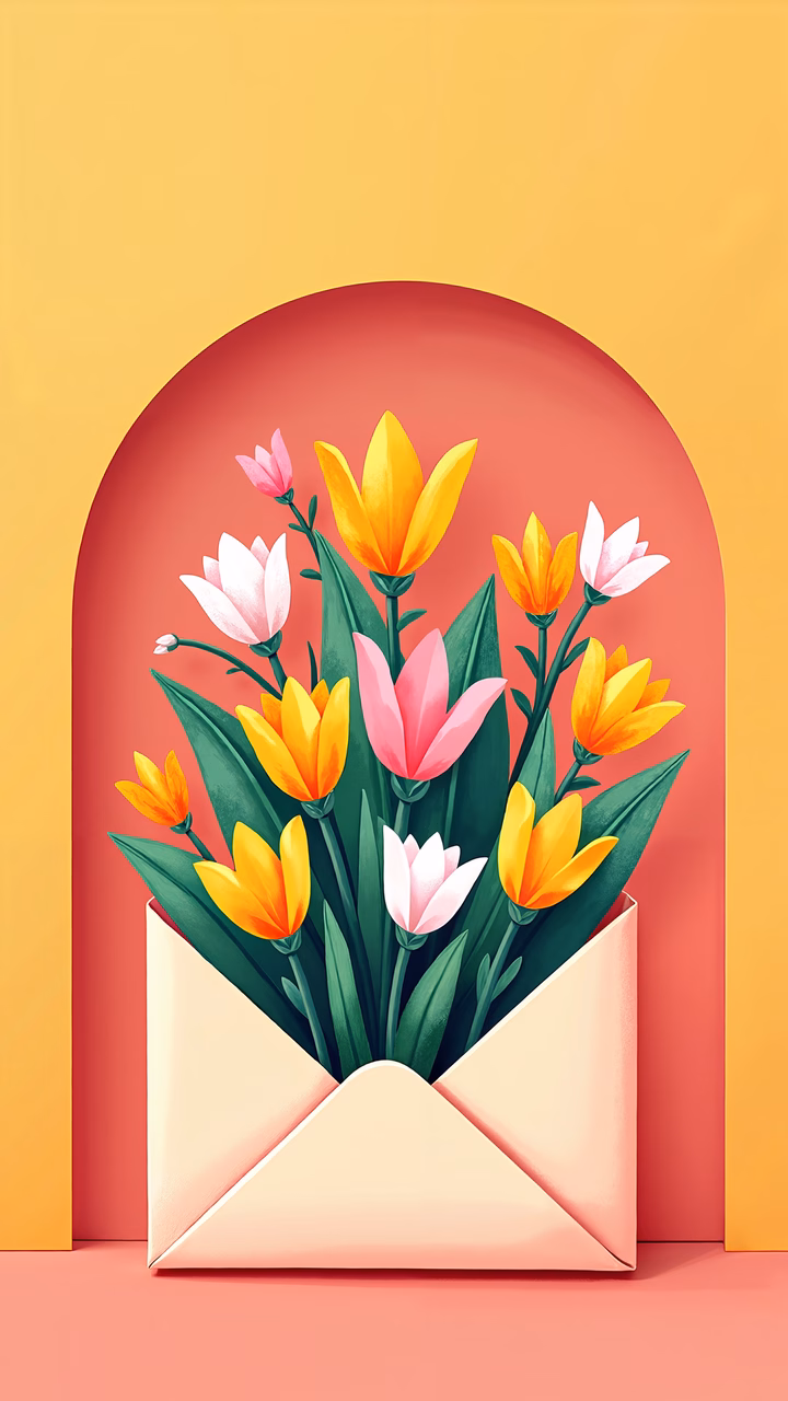 Vibrant floral bouquet in a light beige envelope against a warm backdrop, celebrating joy and festivity.
