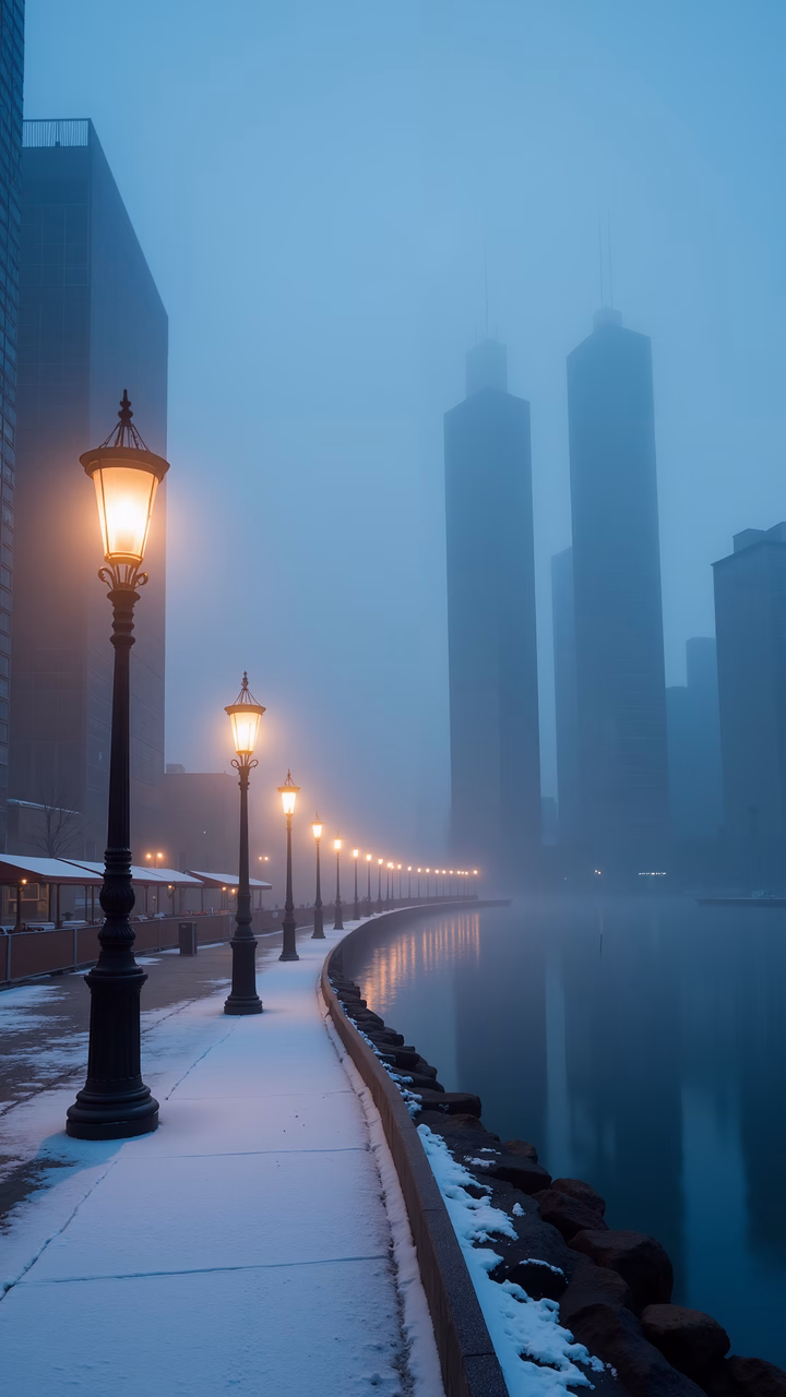 A foggy urban landscape with glowing street lamps and reflective water surfaces.
