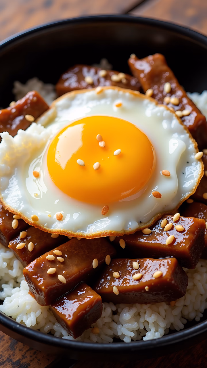 Close-up of a fried egg over tofu, garnished with sesame seeds on a bed of rice.