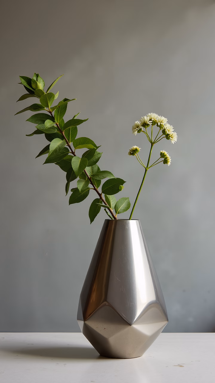 Minimalist still life with geometric vase and floral arrangement.