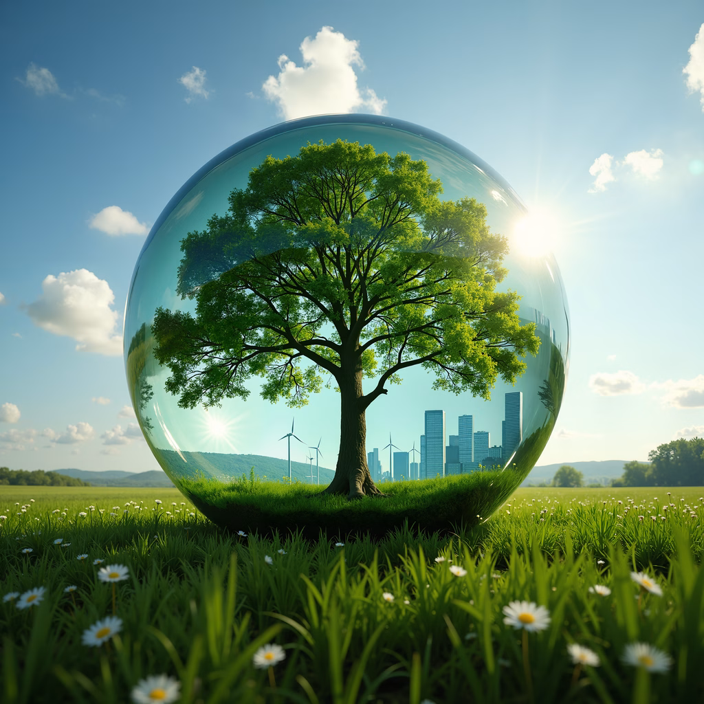 A glass sphere containing a tree, symbolizing harmony between nature and urban life.