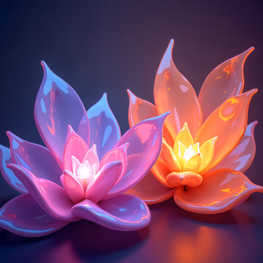 Glowing lotus flowers in a mystical gradient setting.
