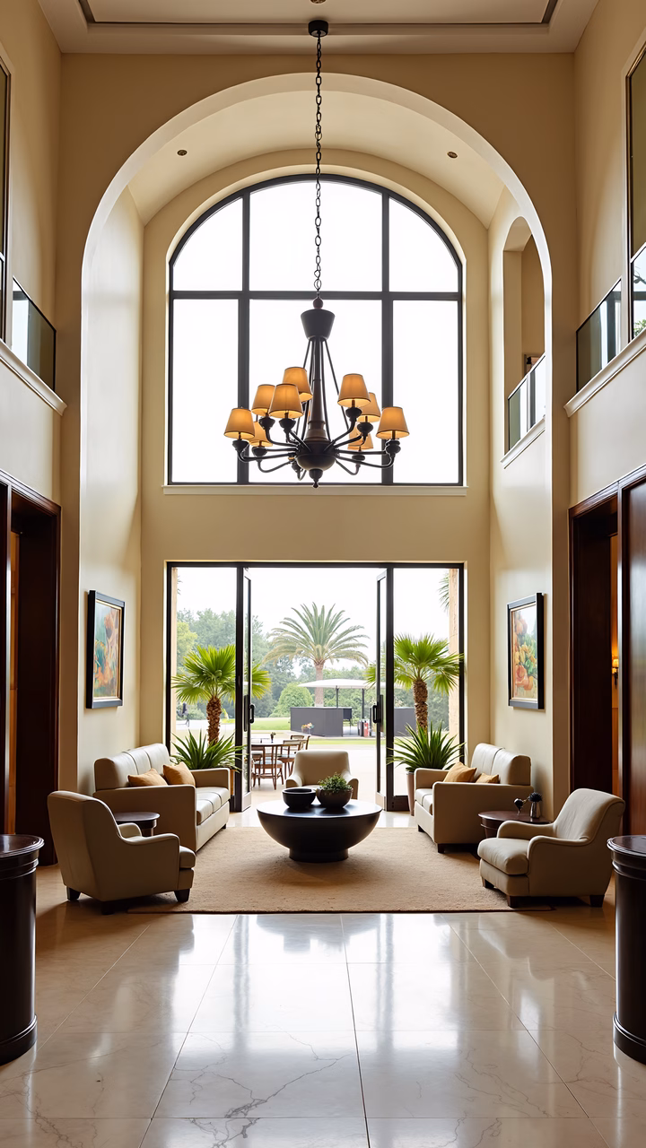 Elegant grand foyer with high ceilings and natural light, featuring a chandelier and neutral furniture.