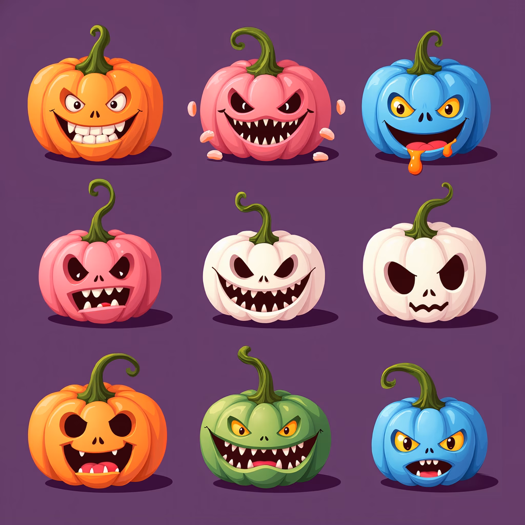 Vibrant Halloween pumpkins with expressive faces in a dark purple setting.