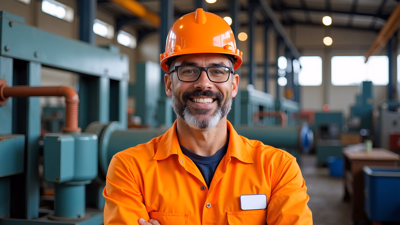 Brightly lit industrial worker portrait showcasing pride and satisfaction.