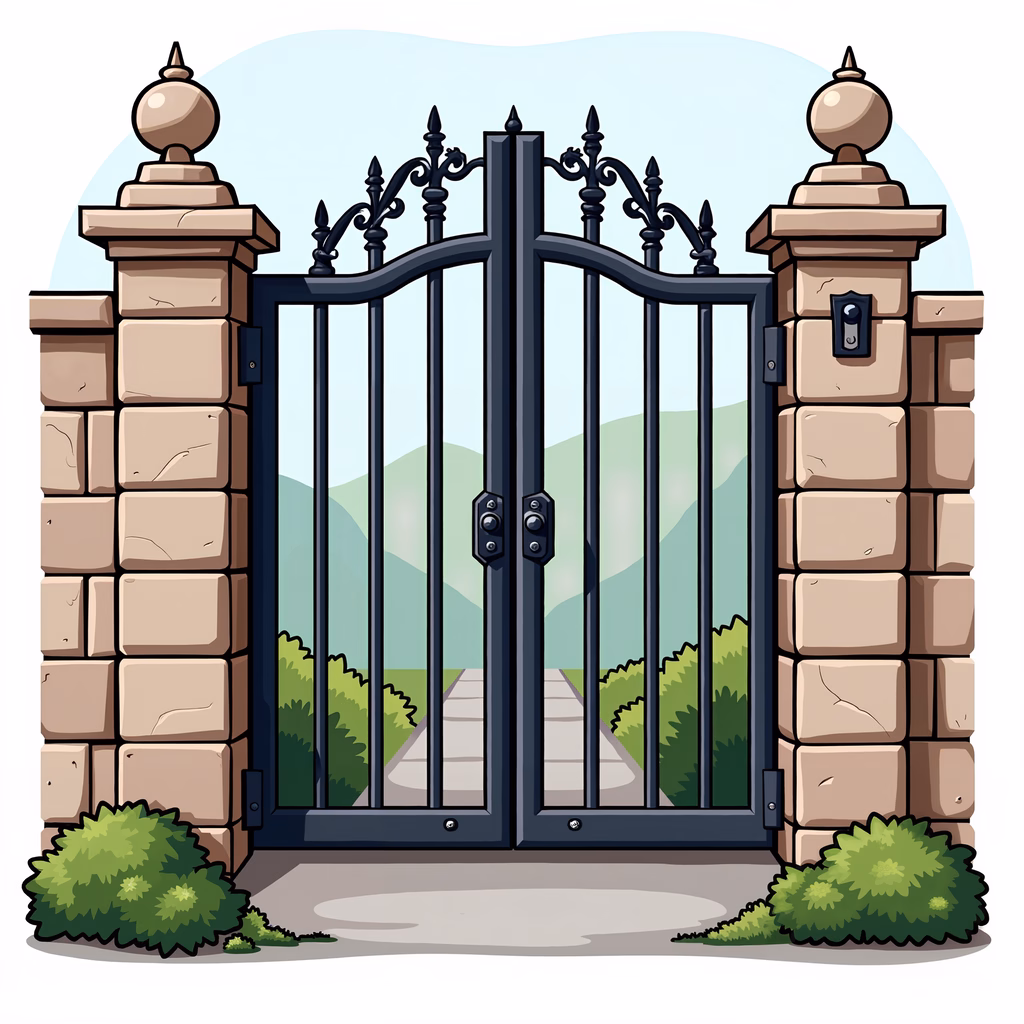 Grand iron gate with stone pillars and intricate designs, set against a serene landscape.