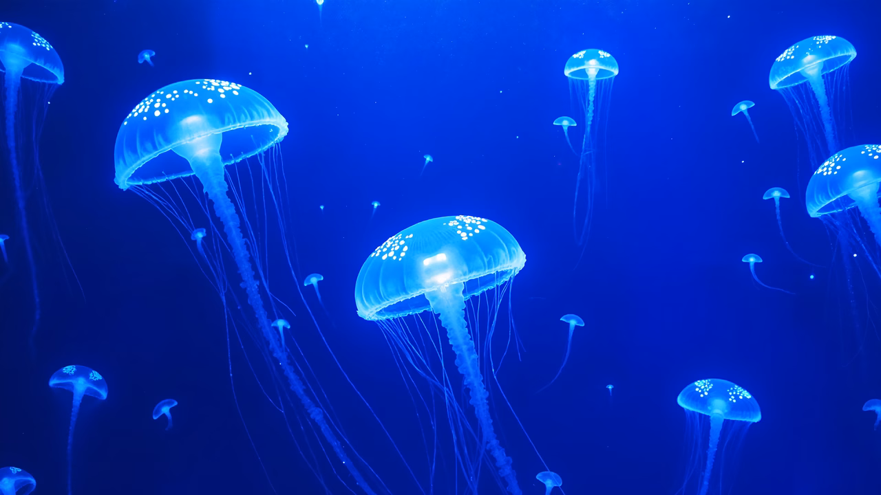 Glowing jellyfish in a tranquil underwater setting.