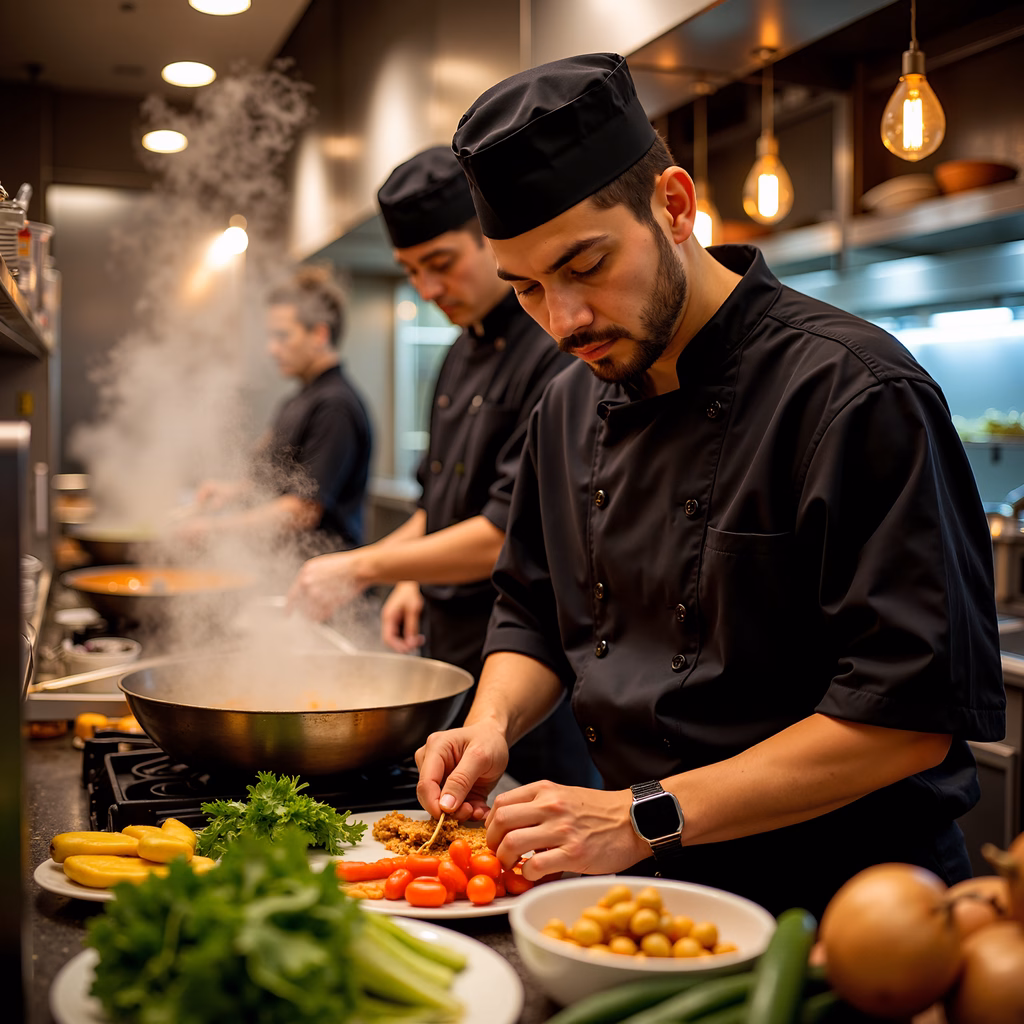 Chefs at work in a lively kitchen setting.