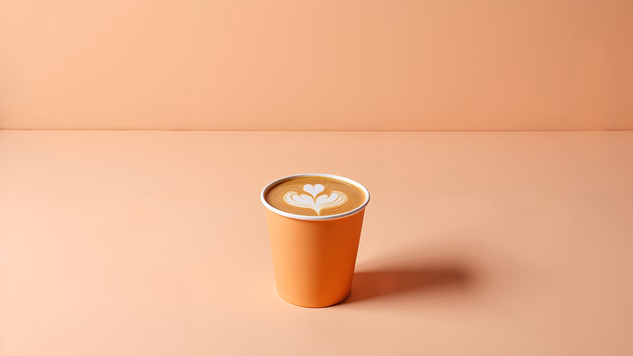 Latte art design on an orange cup, minimalist peach background, warm and elegant tone.