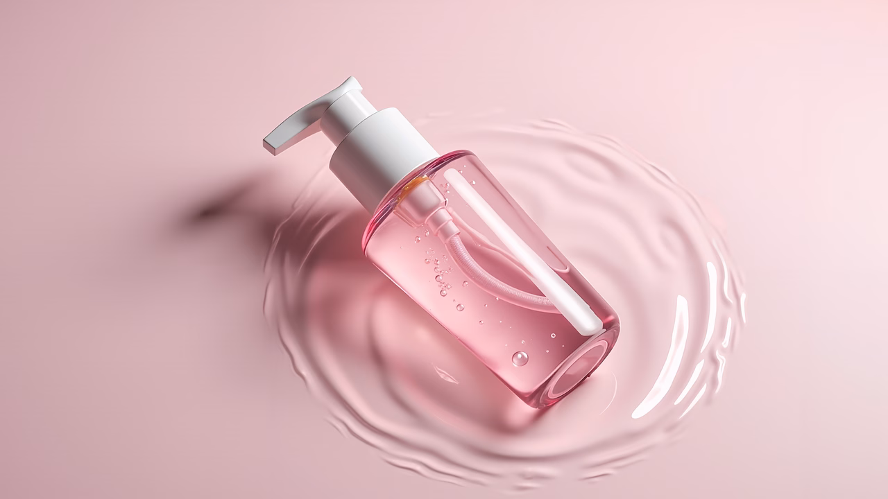 Minimalist liquid soap dispenser with clear liquid and ripples on pink background.