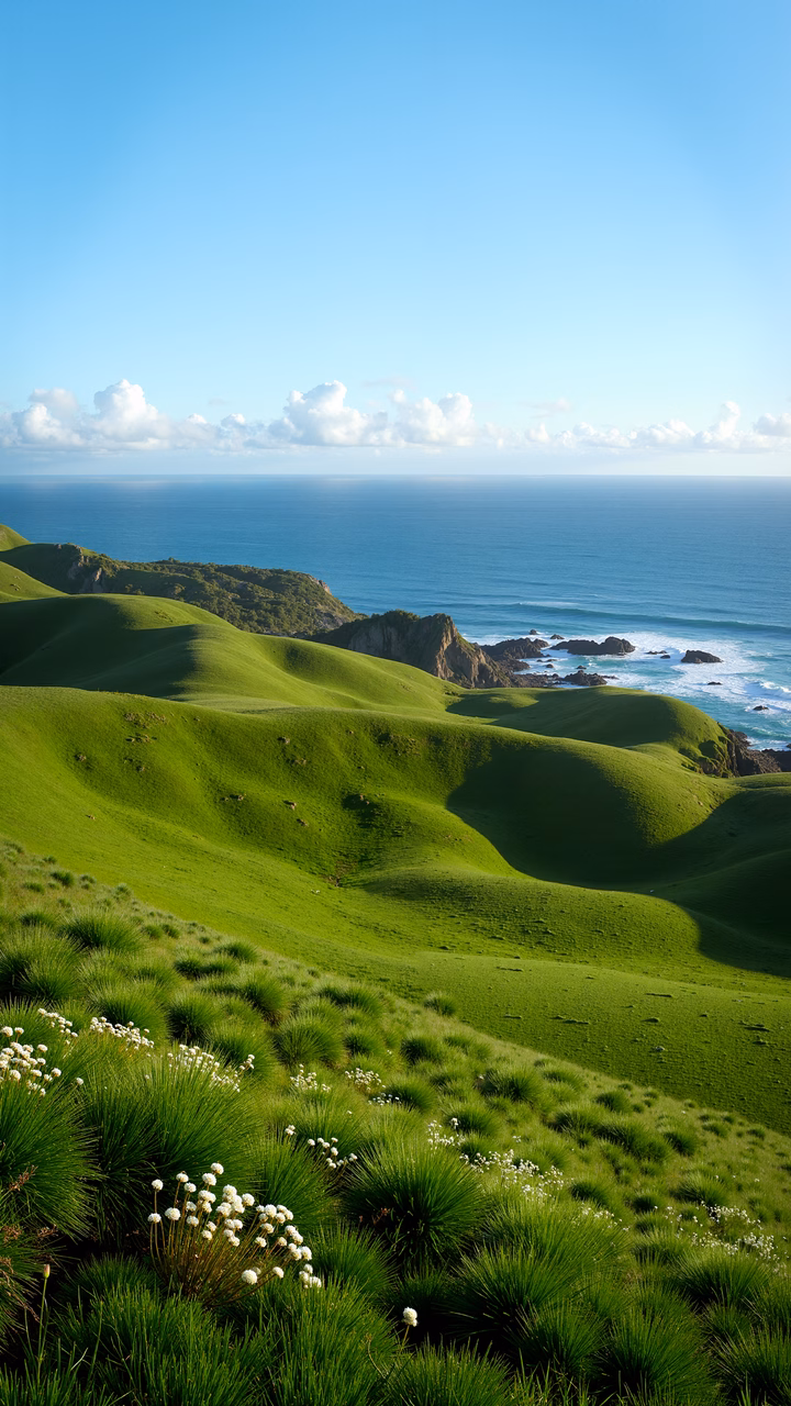 Vibrant green hills meet the deep blue ocean under a clear sky, creating a serene coastal landscape.