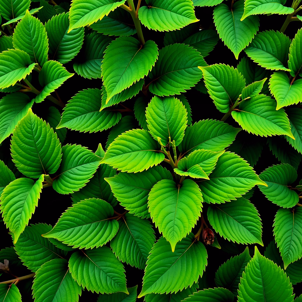 Close-up of vibrant green leaves against a dark background, showcasing nature's beauty.