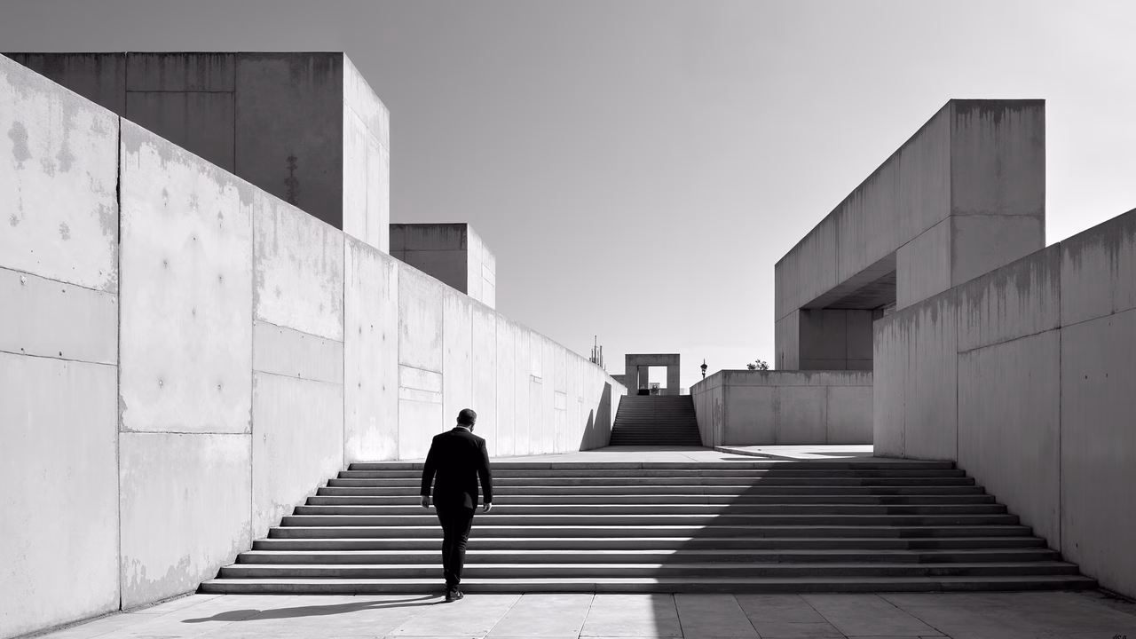 Black-and-white photo of a man ascending concrete stairs, emphasizing architectural simplicity and solitude.