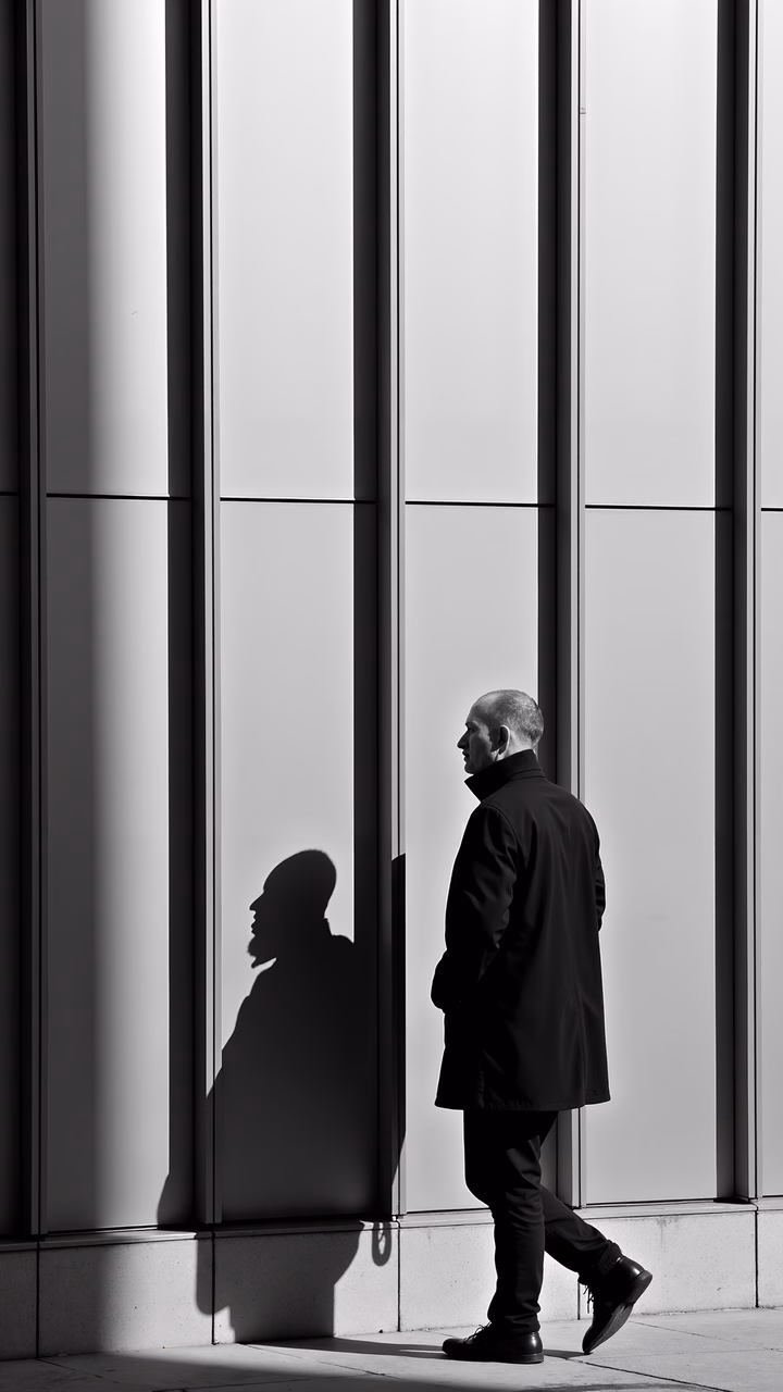Black-and-white street photography of a solitary figure casting a shadow on a modern building.