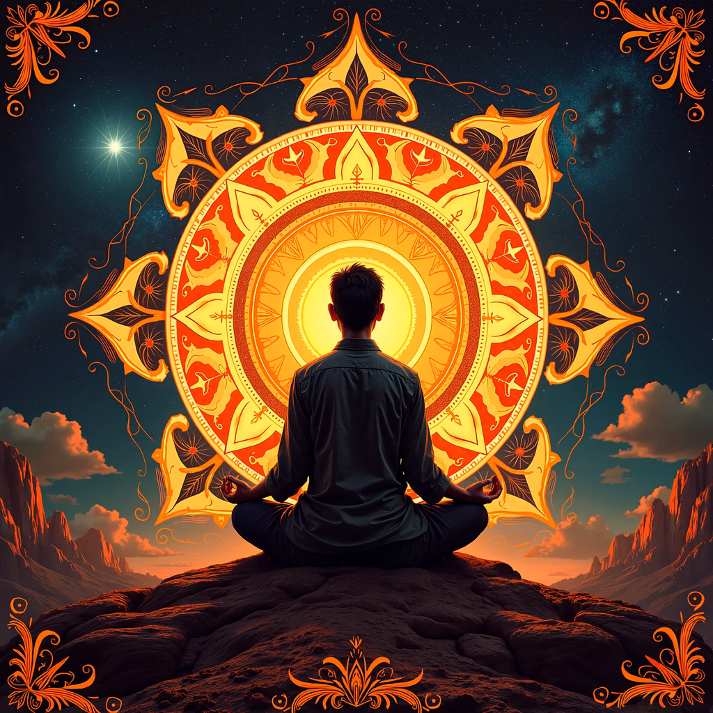 Person meditating amidst a glowing mandala under a starry sky.