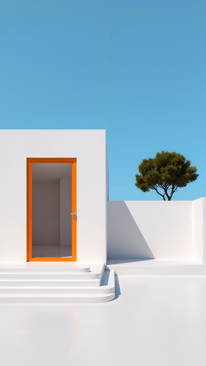 A minimalist doorway with an orange frame and a solitary tree under a clear blue sky.