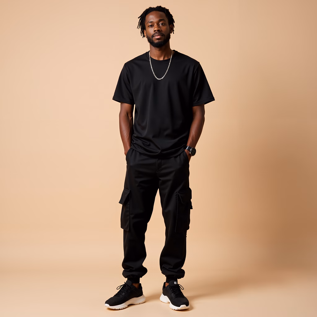 Minimalist fashion portrait featuring black attire on a neutral background.