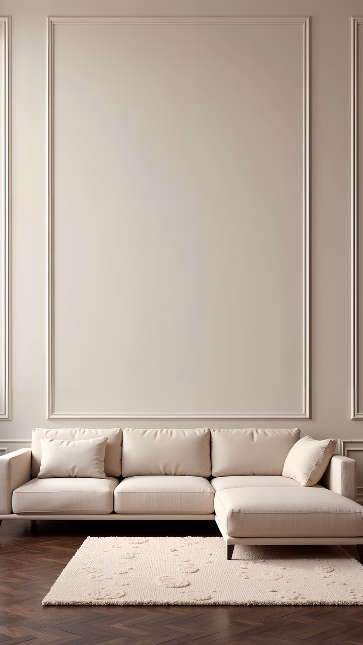 Modern minimalist living room with neutral tones and clean lines.