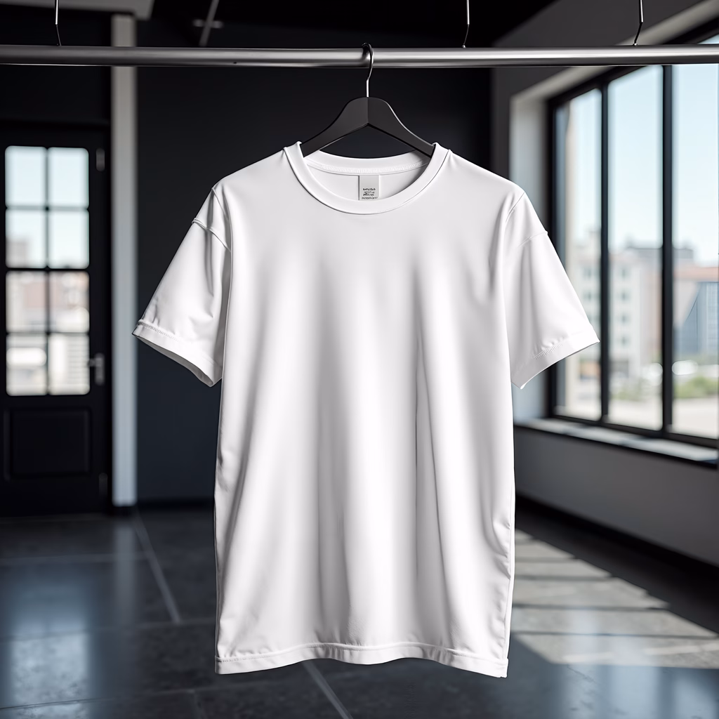 Minimalist white t-shirt hanging in a modern setting, showcasing simplicity and elegance.