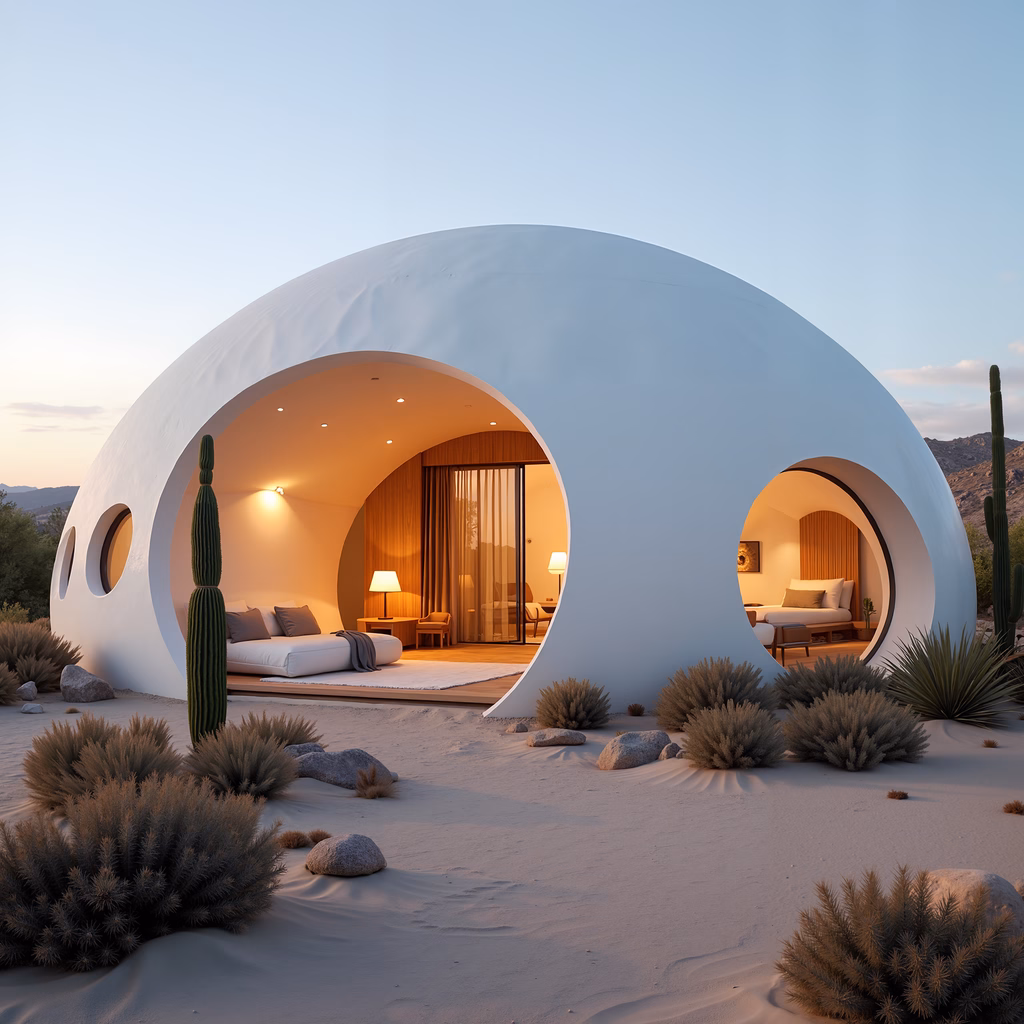 Minimalist dome retreat in a serene desert setting.