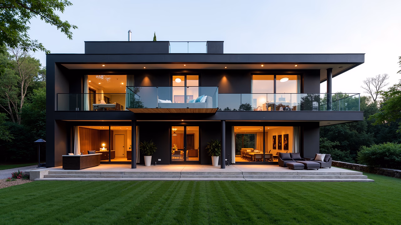 Modern two-story house illuminated by evening light, featuring sleek black exterior and large glass windows.