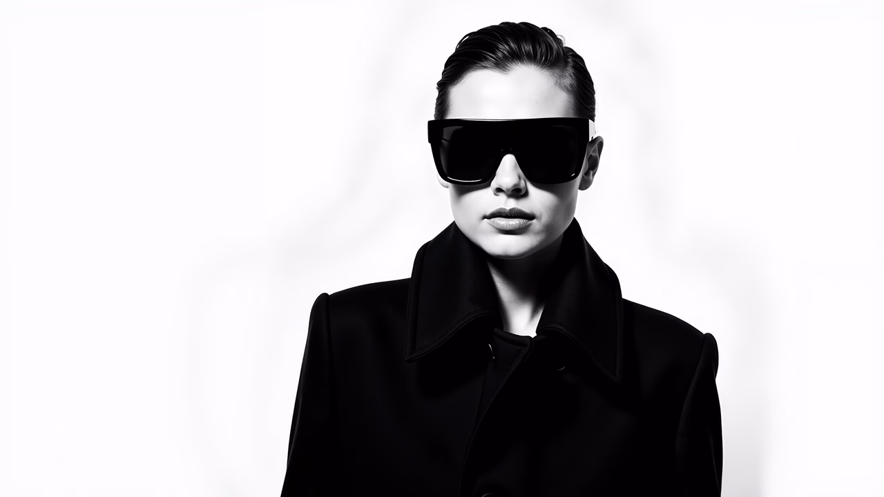 Elegant monochrome fashion portrait with bold styling and high contrast.