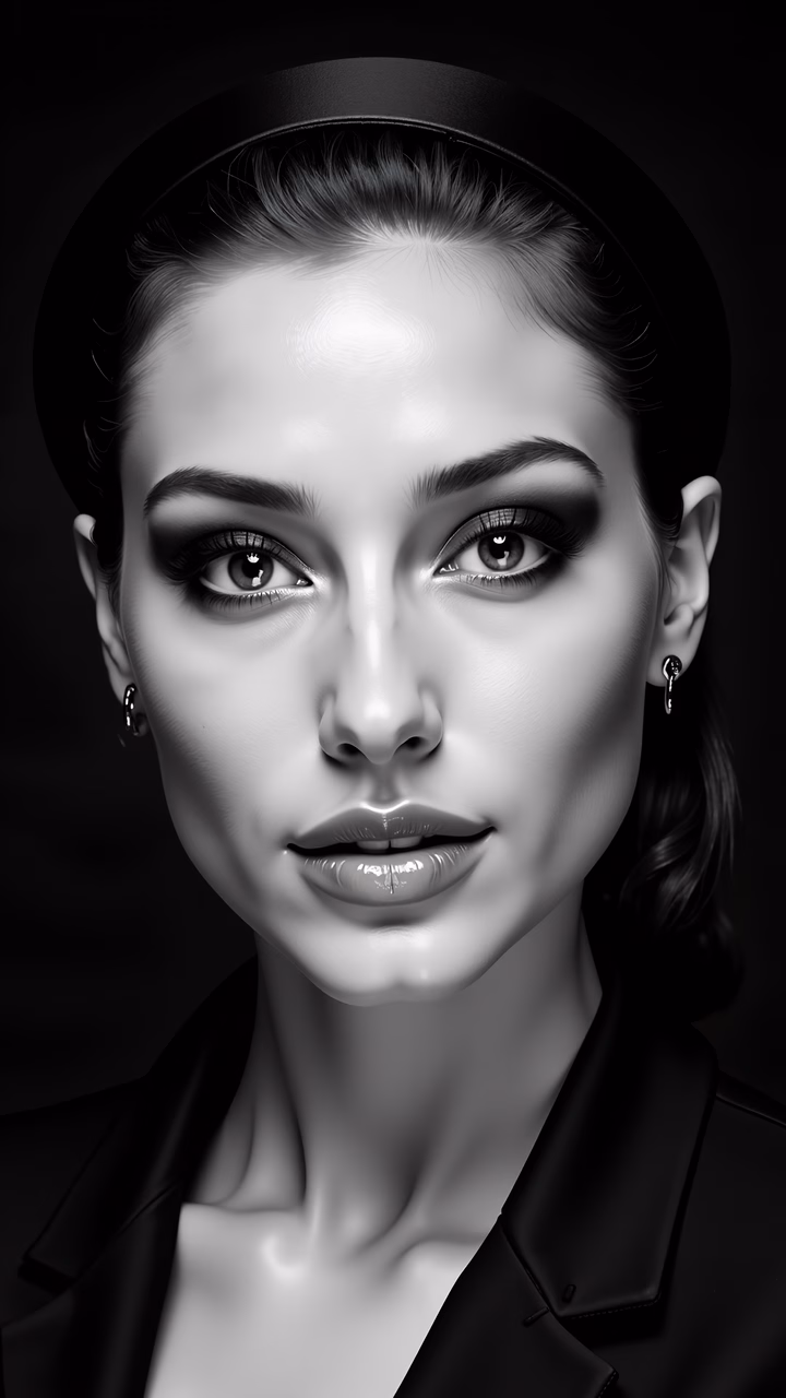 Detailed monochrome portrait with high contrast and elegant details.