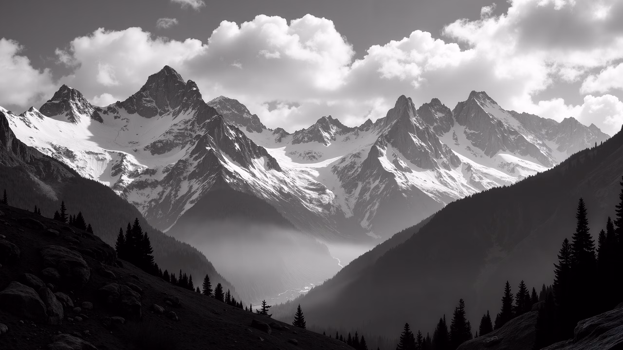 Black-and-white landscape showcasing mountainous majesty and atmospheric depth.