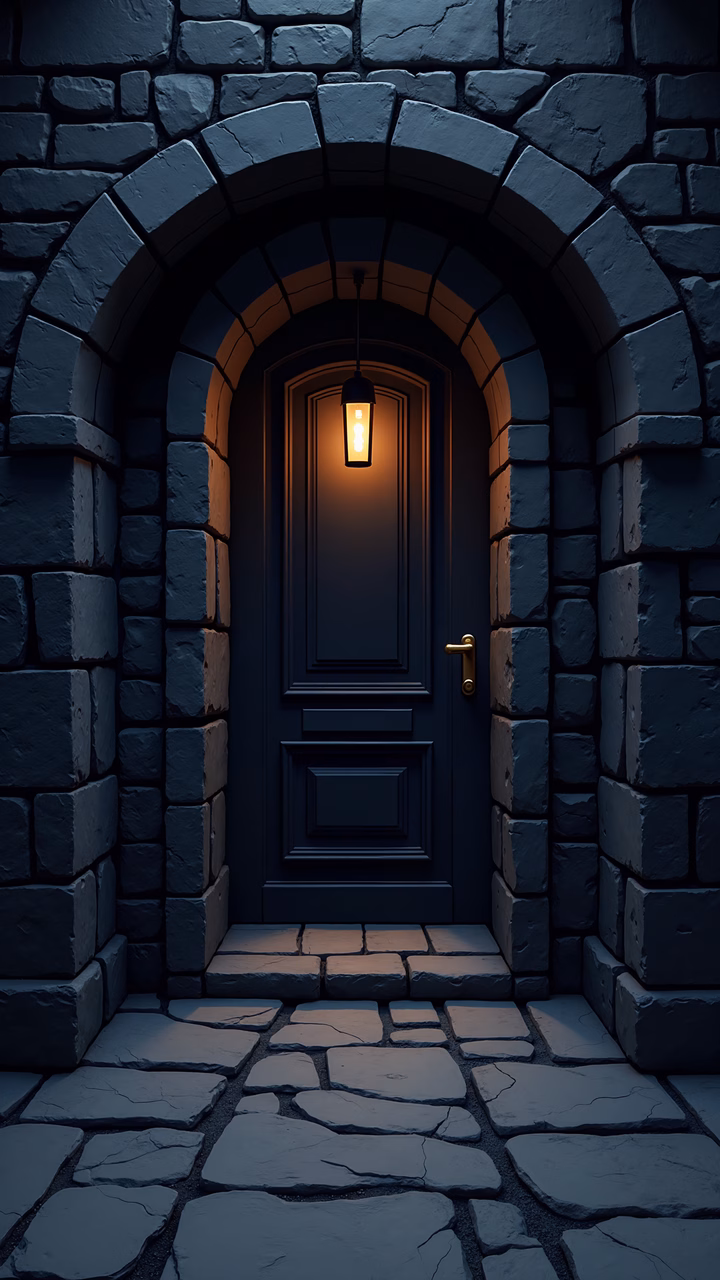 Dark stone archway leading to a mysterious doorway with a glowing lantern.