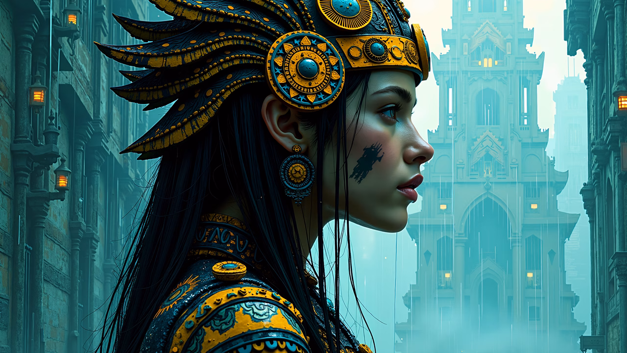 Mysterious warrior in ornate armor amidst a foggy gothic city.
